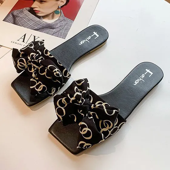 Women's Fashion Casual Solid Color Bowknot Square-Toe Flat Slippers Plus Size