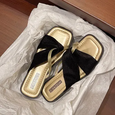 Women Fashion Casual Ribbon Square-Toe Flat Slippers Plus Size