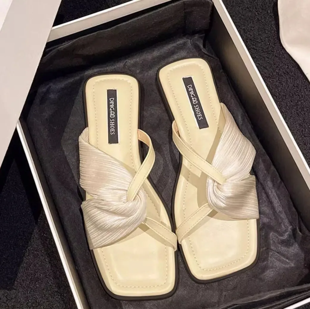 Women Fashion Casual Ribbon Square-Toe Flat Slippers Plus Size