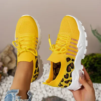 Women Fashion Casual Leopard Fly Woven Round-Toe Breathable Thick Sole Sneakers Platforms