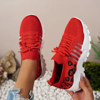 Women Fashion Casual Leopard Fly Woven Round-Toe Breathable Thick Sole Sneakers Platforms