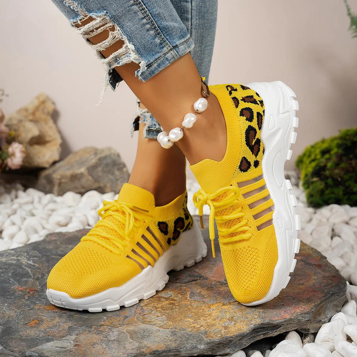 Women Fashion Casual Leopard Fly Woven Round-Toe Breathable Thick Sole Sneakers Platforms