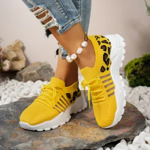 Women Fashion Casual Leopard Fly Woven Round-Toe Breathable Thick Sole Sneakers Platforms
