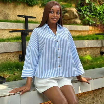 Women Casual Lapel Stripe Blouse Long-Sleeve Loose Fit
