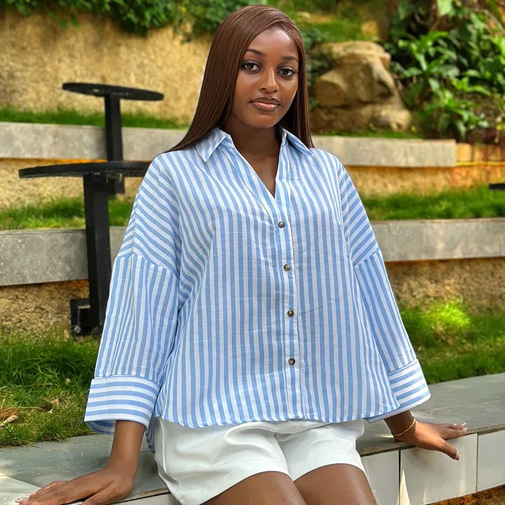 Women Casual Lapel Stripe Blouse Long-Sleeve Loose Fit