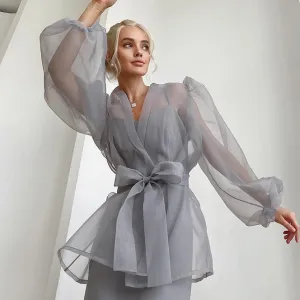 Women Sexy Lace Mesh Puff Sleeve Loose Blouse