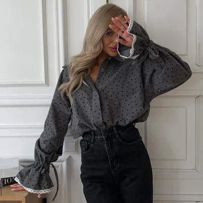 Women Casual Polka Dot Print Lace Lapel Long Sleeve Loose Blouse