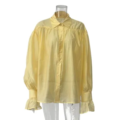 Women Fashion Sexy Solid Color Perspective Lapel Long-Sleeve Blouse