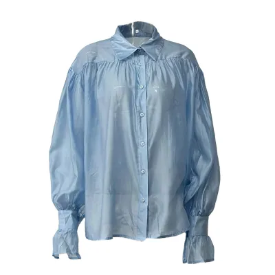 Women Fashion Sexy Solid Color Perspective Lapel Long-Sleeve Blouse