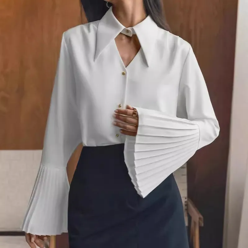 Women Fashion Sexy Elegant Lapel Trumpet Sleeve Hollow Blouse