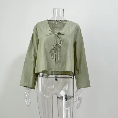 Women Casual Cotton Solid Color Deep V-Neck Horn Sleeve Blouse