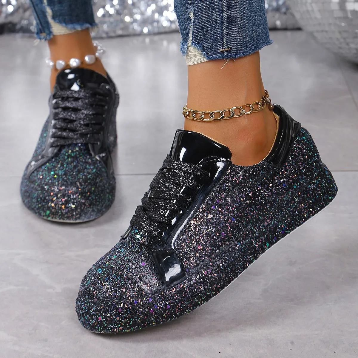 Women Fashion Casual Solid Color Sequin Round Toe Lace-Up Sneakers