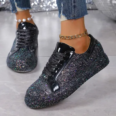 Women Fashion Casual Solid Color Sequin Round Toe Lace-Up Sneakers