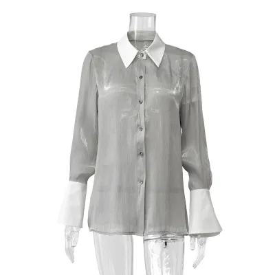 Women Retro Stitching Lapel Long-Sleeve Polyester Blouse