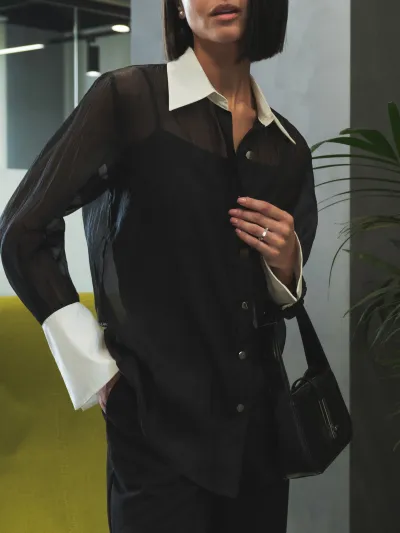 Women Retro Stitching Lapel Long-Sleeve Polyester Blouse