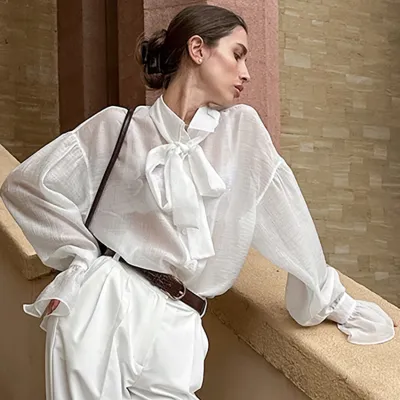Women Elegant Perspective Lace Collar Lantern Sleeve Blouse
