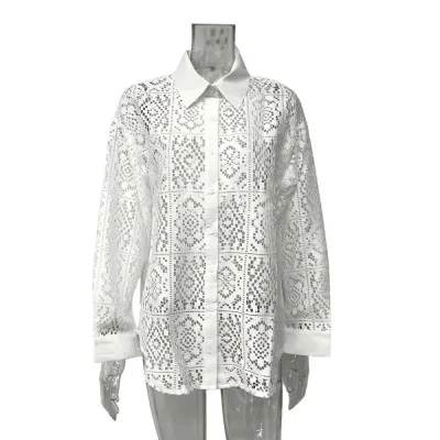 Women Retro Lace Hollow Long Sleeve Loose Blouse