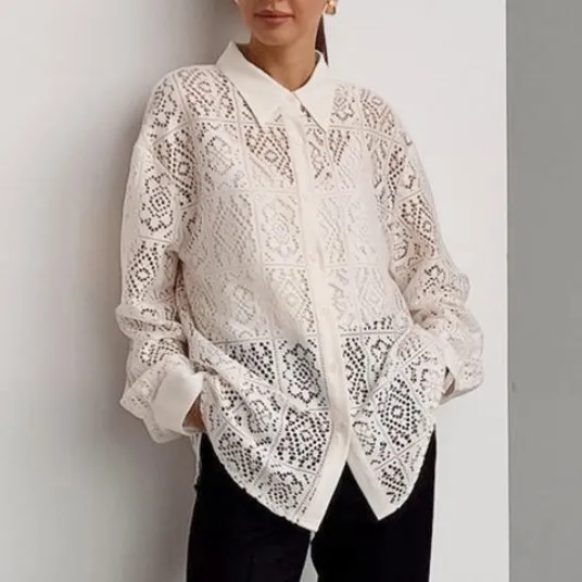 Women Retro Lace Hollow Long Sleeve Loose Blouse