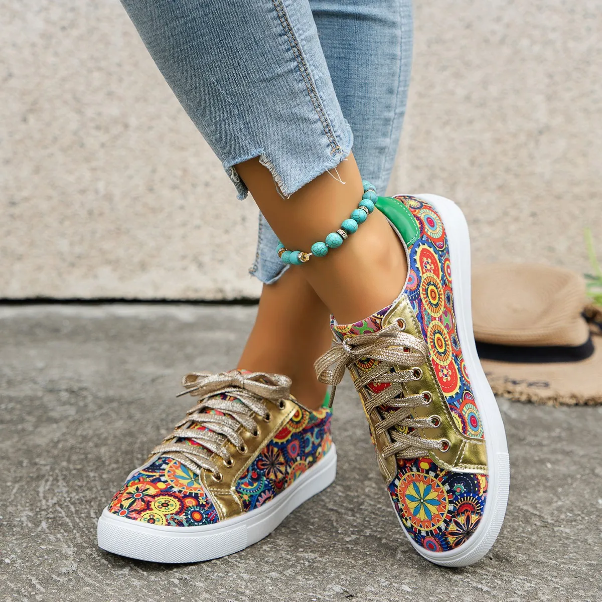 Women Fashion Casual Printed Ethnic Pattern Flat Lace-Up Plus Size Sneakers