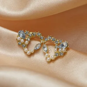 Women Half Hollow Love Imitation Pearl Rhinestone Earrings