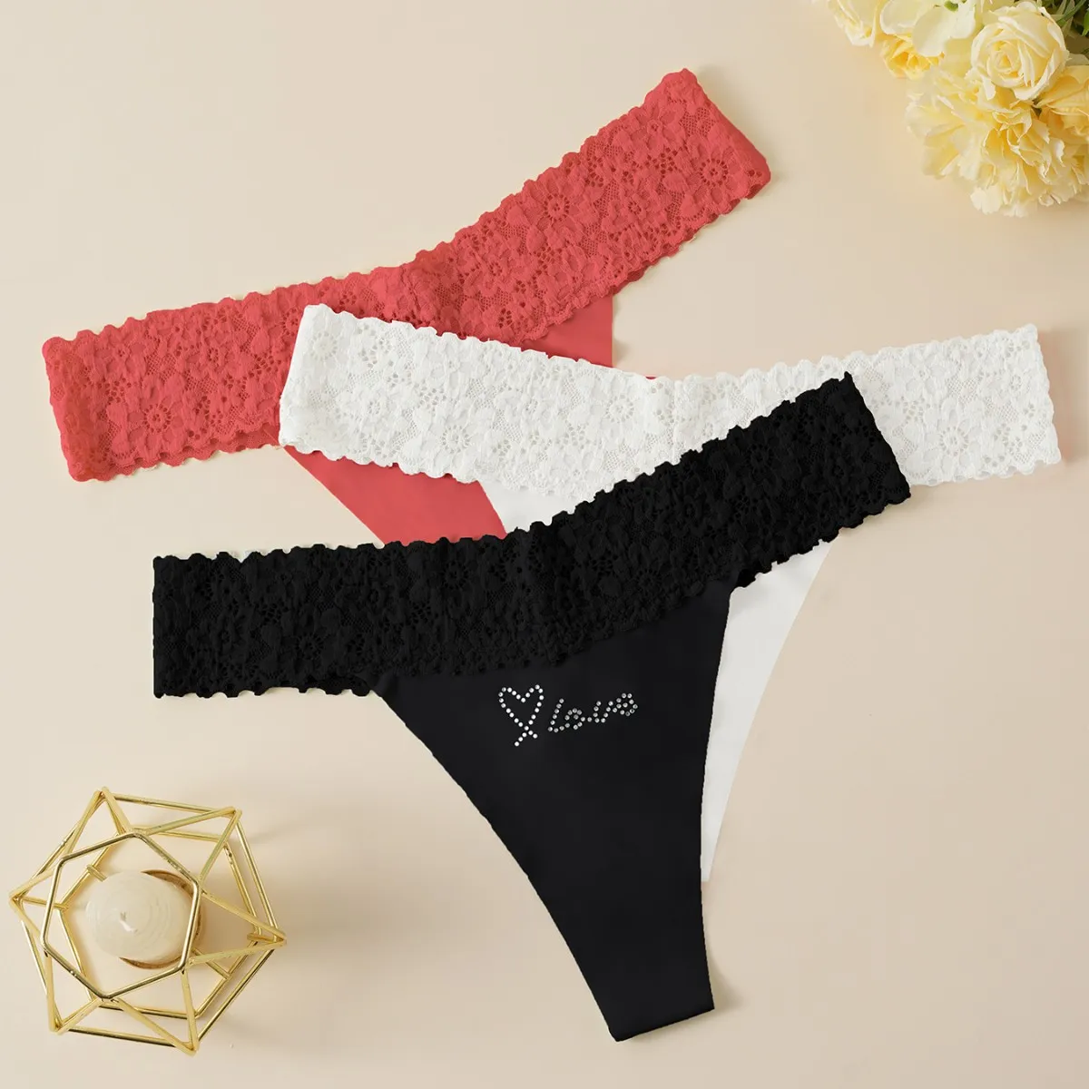 Women Fashion Sexy Solid Color Seamless Breathable Lace Thong Panties