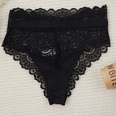 Women Fashion Sexy Solid Color Hollow-Out Mid-Waist Lace Traceless Underpants