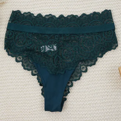 Women Fashion Sexy Solid Color Hollow-Out Mid-Waist Lace Traceless Underpants