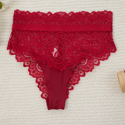 Women Fashion Sexy Solid Color Hollow-Out Mid-Waist Lace Traceless Underpants