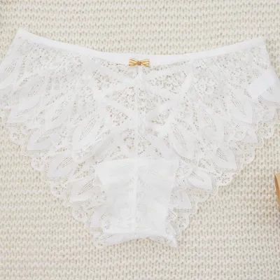 Women Fashion Sexy Solid Color Lace Hollow-Out Cross-Strap Mid-Waist Underpants