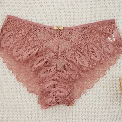 Women Fashion Sexy Solid Color Lace Hollow-Out Cross-Strap Mid-Waist Underpants