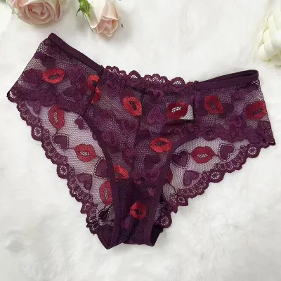 Women Fashion Sexy Lace Lip Embroidery Print Thin Underpants
