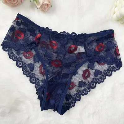 Women Fashion Sexy Lace Lip Embroidery Print Thin Underpants