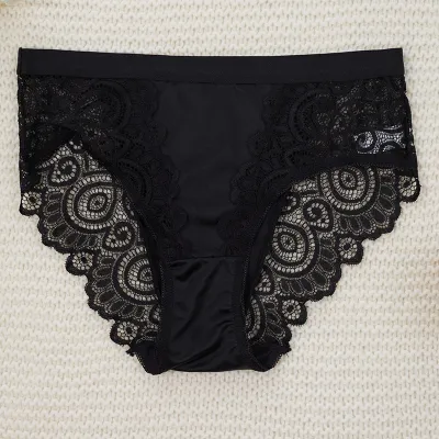 Women Fashion Sexy Solid Color Lace Perspective Mid-Waist Underpants