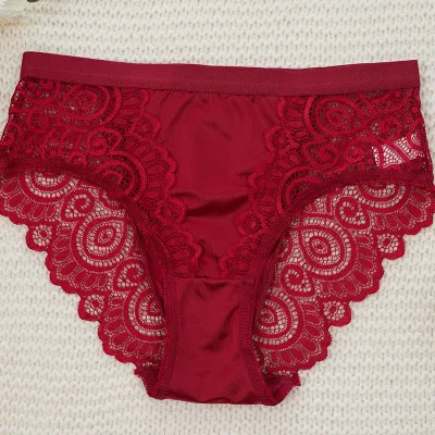 Women Fashion Sexy Solid Color Lace Perspective Mid-Waist Underpants