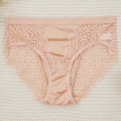 Women Fashion Sexy Solid Color Lace Perspective Mid-Waist Underpants