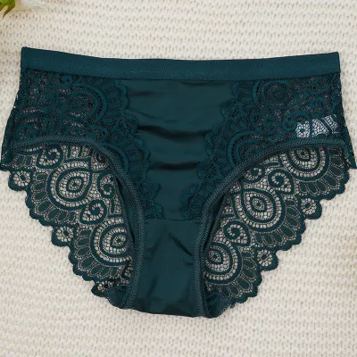 Women Fashion Sexy Solid Color Lace Perspective Mid-Waist Underpants