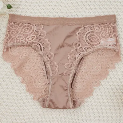 Women Fashion Sexy Solid Color Lace Perspective Mid-Waist Underpants