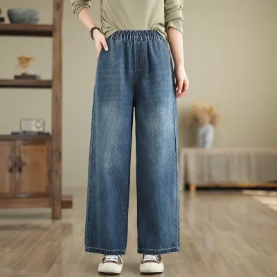 Women Casual Sunflower Embroidered Loose Straight Jeans