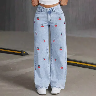 Women Casual Cherry Embroidered Loose Straight Jeans