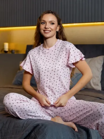 Women Casual Love Printed Ruffled Short-Sleeve T-Shirt Loose Pants Pajamas Set