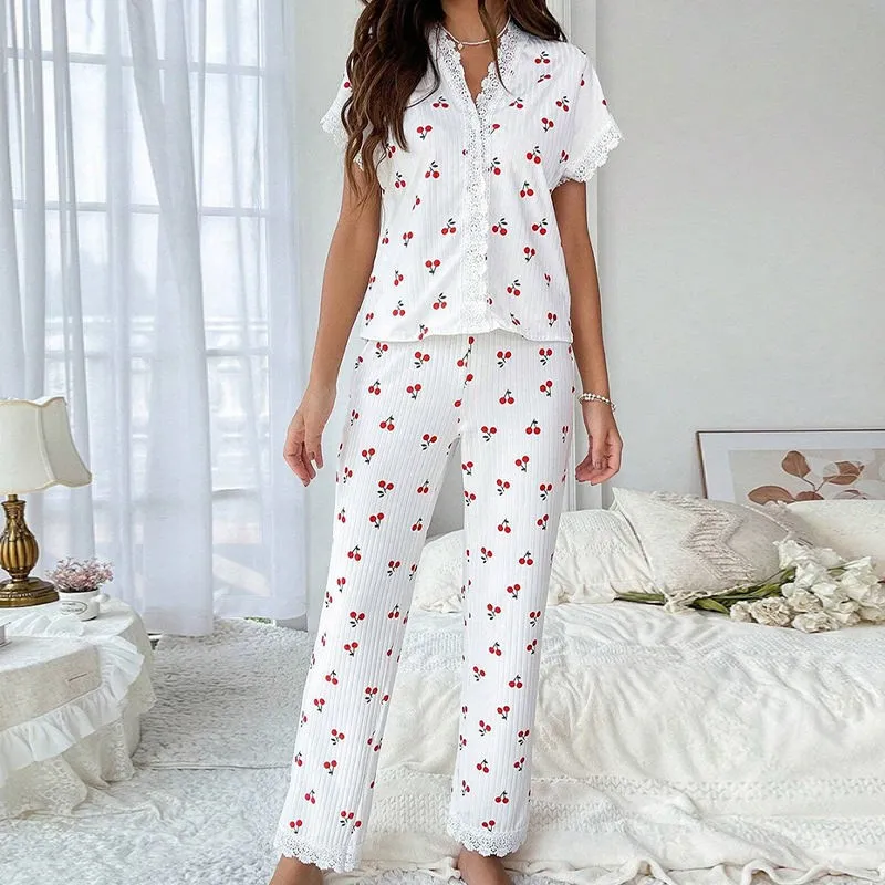 Women's Casual Cherry Printed V-Neck Lace T-Shirt Slim-Fit Pants Pajamas Two-Piece Set