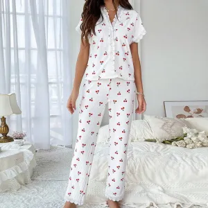 Women's Casual Cherry Printed V-Neck Lace T-Shirt Slim-Fit Pants Pajamas Two-Piece Set