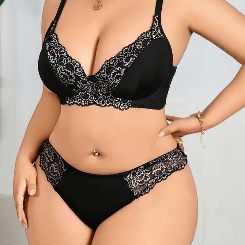 Women Plus Size Lace Flower Push-Up No-Steel Ring Bra Underpants Set