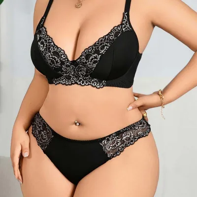 Women Plus Size Lace Flower Push-Up No-Steel Ring Bra Underpants Set