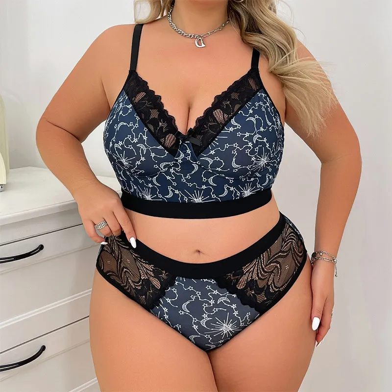 Women Plus Size Printed Lace Hollow Out Bra Underpants Set