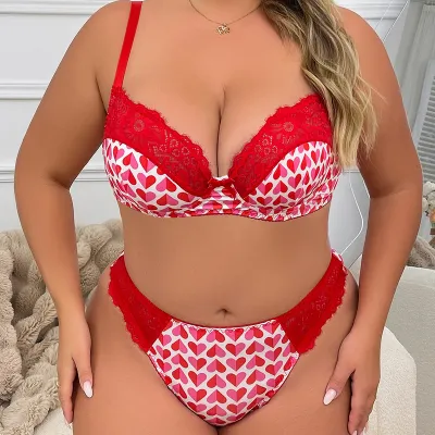 Women Plus Size Love Printed Lace Stitching Bra And Panty Set