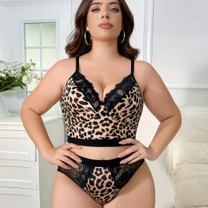 Women Plus Size Leopard Lace Anti-Sagging Bra Underpants Set