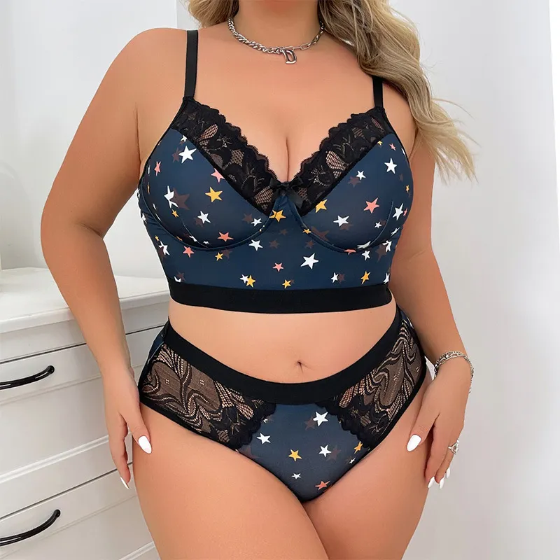 Women Fashion Plus Size Printed Thin Non-Rimless Bra Underpants Set