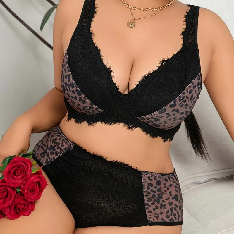 Women Plus Size Leopard Adjustable Bra and Panty Set with Full Cup and Tie-Up Straps