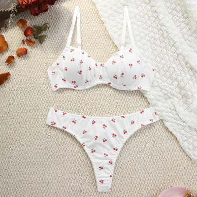 Women Fashion Sexy Printed Steel Ring Bra Underpants Two-Piece Set